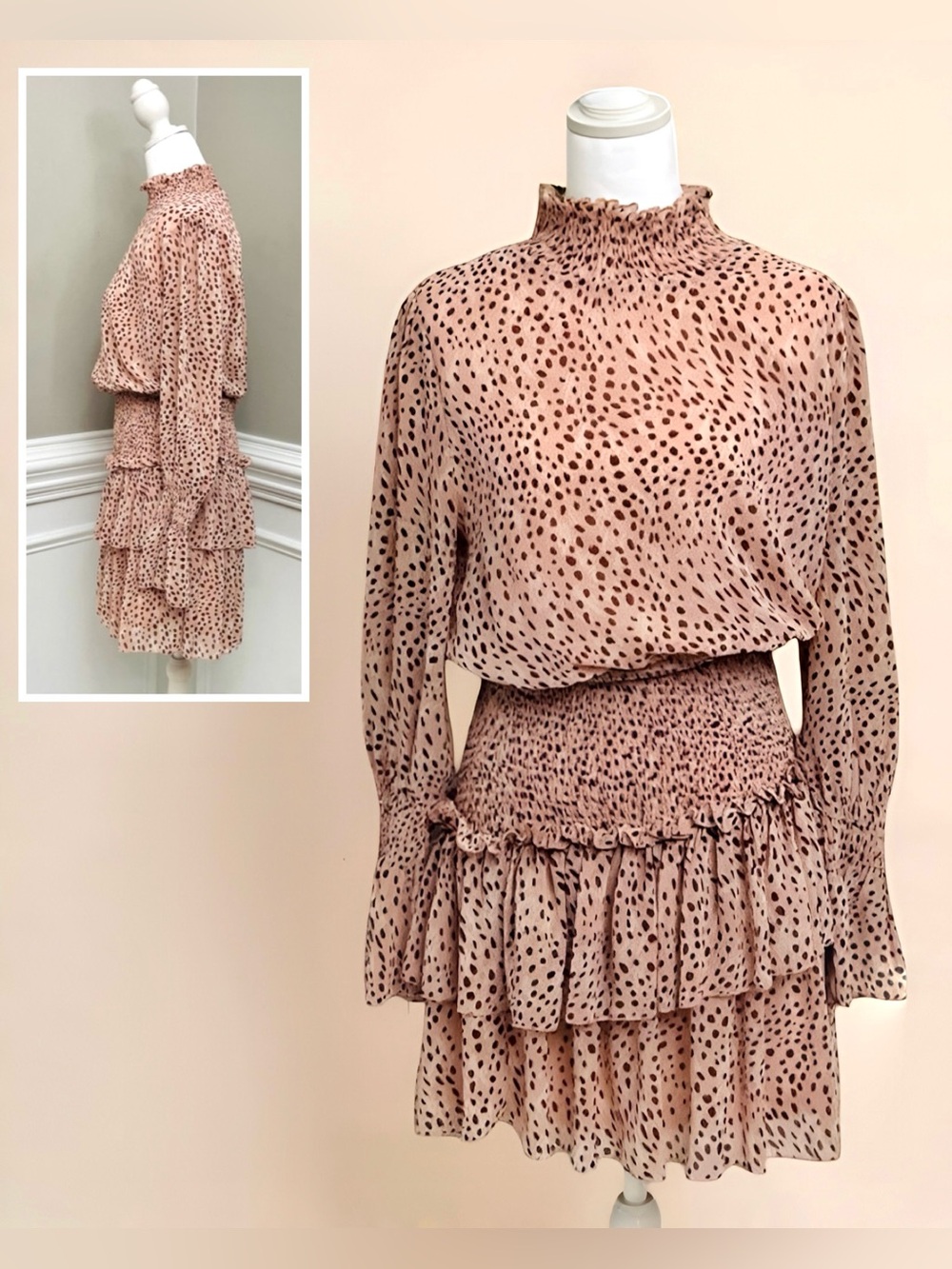 Versona Blush Leopard Print Smocked Tiered Dress